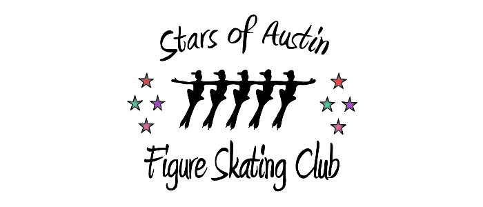 Text: Stars of Austin Figure Skating Club with 5 skaters in a row holding arms and 4 stars on each side